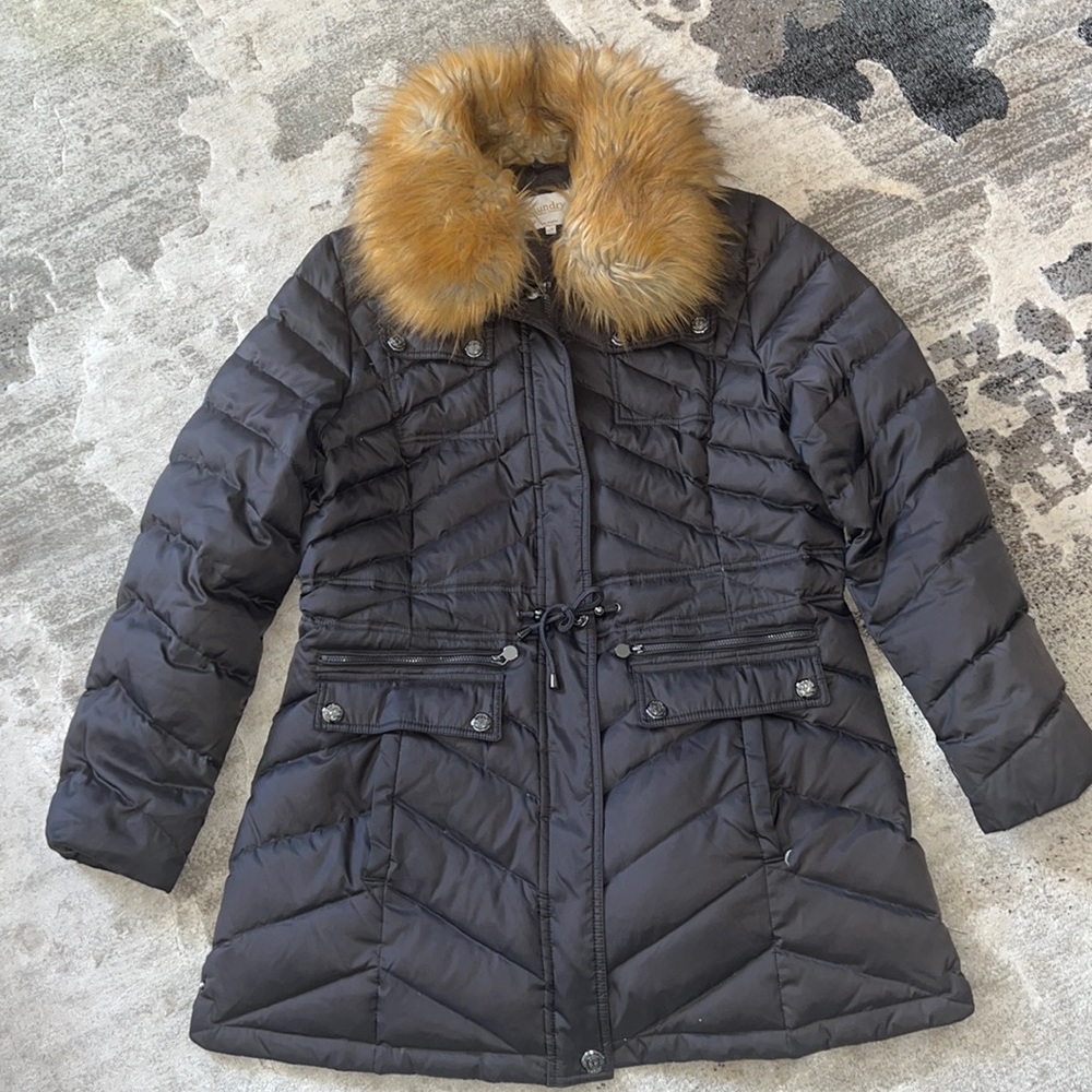 Laundry By Shelli Segal Black Faux Fur Trimmed Puffer Jacket